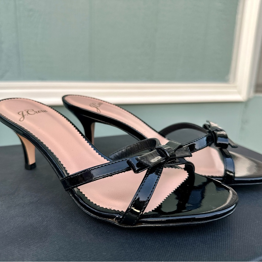 J Crew Black Patent Leather Strappy Bow Heels